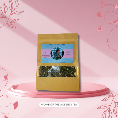 A womb healing tea in a Kraft paper bag with natural herbs to cleanse the womb.