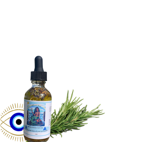 Divine Protection Oil in a glass dropper bottle with herbs and crystals, used or spiritual protection, energy shielding, and warding off negativity. 