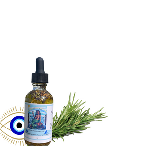 Divine Protection Oil in a glass dropper bottle with herbs and crystals, used or spiritual protection, energy shielding, and warding off negativity. 