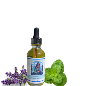 Goddess Yoni Oil in a glass dropper bottle with herbs, used for soul tie removal, detachment from exes, rebalance womb energy.
