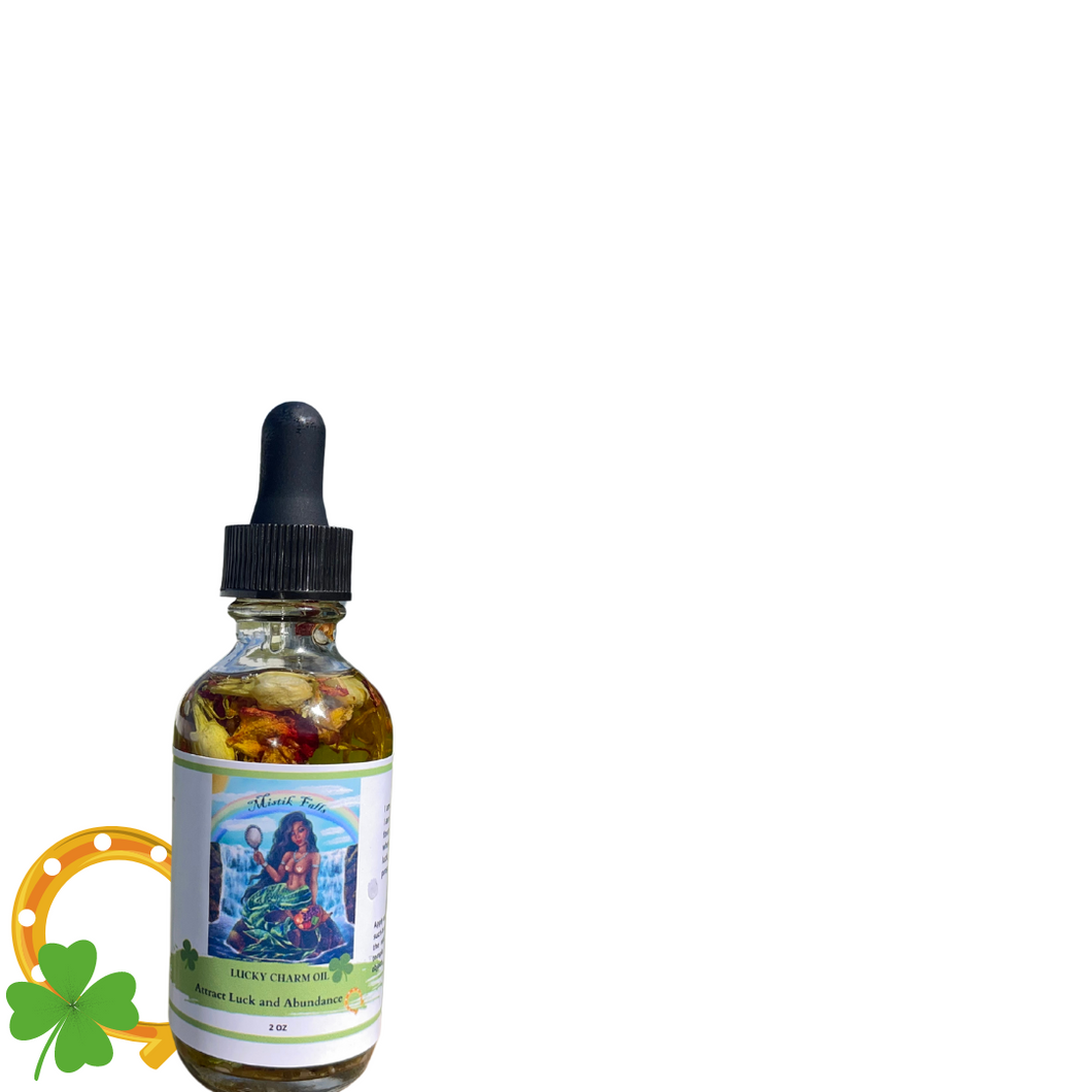 Lucky Charm Oil in a glass dropper bottle with herbs and crystals, used for attraction and bringing in good luck and abundance. 